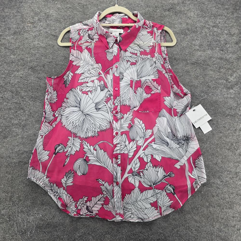Liz Claiborne Blouse Womens L Pink Floral Sleeveless Pockets Relaxed Fit